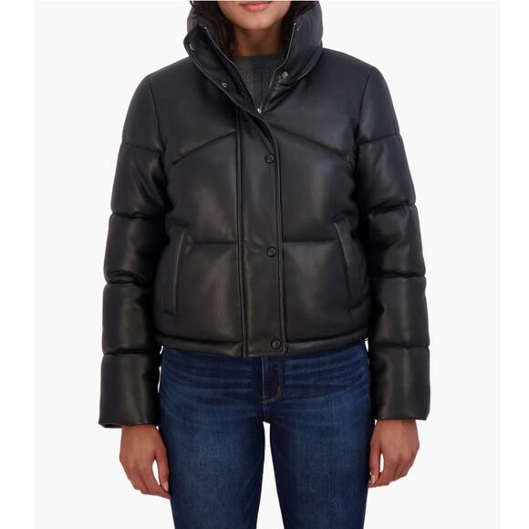 New SEBBY Nordstrom Women's Black Short Faux Leather Puffer Jacket Size XS - Picture 1 of 8